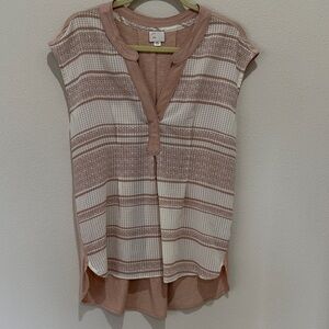 Anthropologie Striped Cap-Sleeve V-Neck Tunic in Dusty Rose and White